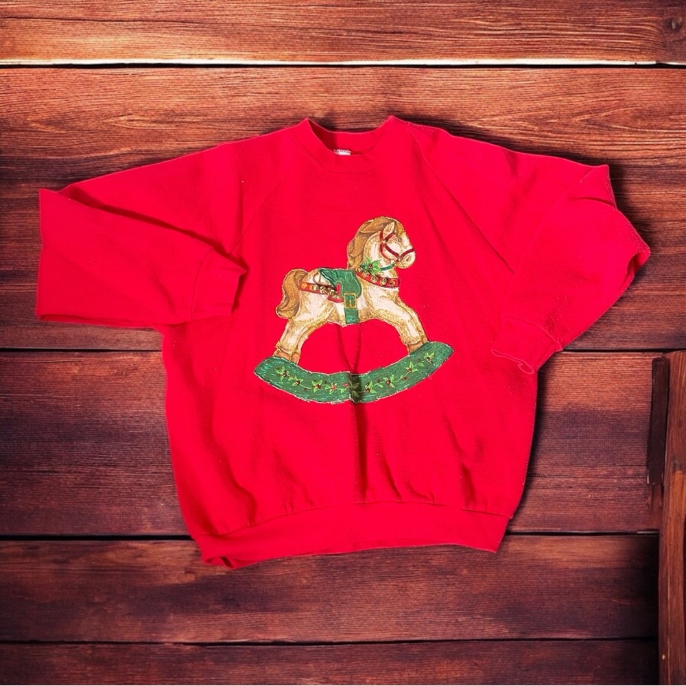 Handmade holiday rocking horse outlined with 90’s puff paint red sweatshirt.